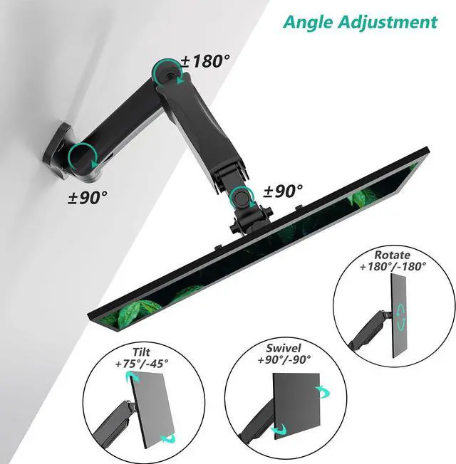 Alt view image 7 of 7 - WALI Single Monitor Wall Mount, Gas Spring Monitor Arm for 1 Screen up to 32 inch, 19.8 lbs. Fully Adjustable Arm Max Extension 21.2 inch (GSWM001), Black