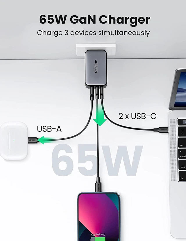 Alt view image 4 of 7 - Bundle UGREEN 65W USB C Charger Multiport 3 Port Fast Charger Adapter with USB C to USB C Cable 100W Fast Charge 6FT Compatible for MacBook Pro iPad Pro Samsung Galaxy S21 S20 Note 20 Dell XPS Pixel