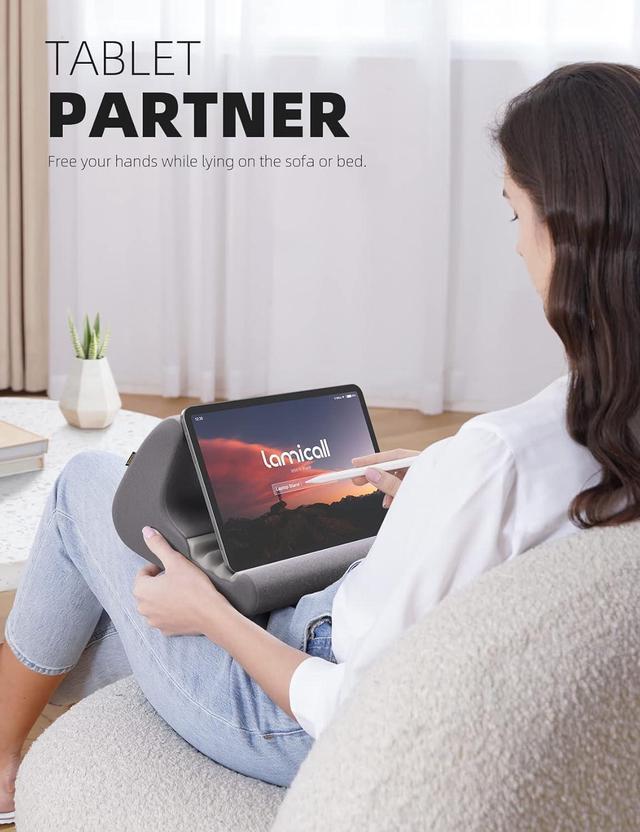 Alt view image 2 of 7 - Tablet Stand Tablet Pillow Holder - Soft Pad for Bed Lap Tablet Dock with Stylus Mount & Pocket for iPad Pro 12.9 Air Mini Kindle Galaxy Tab and 4-13 Tablet Dark Grey