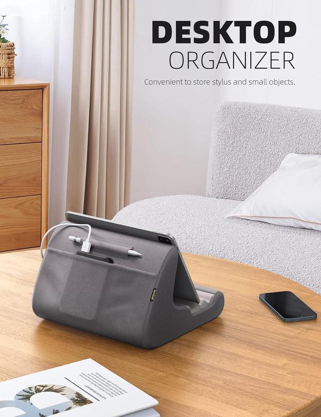 Alt view image 3 of 7 - Tablet Stand Tablet Pillow Holder - Soft Pad for Bed Lap Tablet Dock with Stylus Mount & Pocket for iPad Pro 12.9 Air Mini Kindle Galaxy Tab and 4-13 Tablet Dark Grey