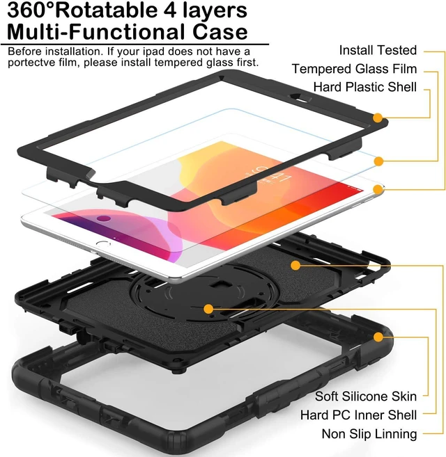 Alt view image 2 of 7 - BLOSOMEET Case for iPad 9th/8th/7th Generation 2021/2020/2019 10.2 Inch with Tempered Glass Screen Protector & Pencil Holder,Protective Kids iPad 10.2 Case Cover w/Stand Hand Shoulder Strap,Black
