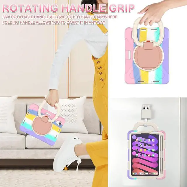 Alt view image 5 of 7 - BATYUE Case for iPad mini 7 (A17 Pro) 2024/ iPad mini 6 (A15 Bionic) 2021 8.3 inch, Shockproof Case for iPad mini 7th/6th Gen with Pencil Holder/ 360° Swivel Stand/Shoulder Strap - Colourful Pink