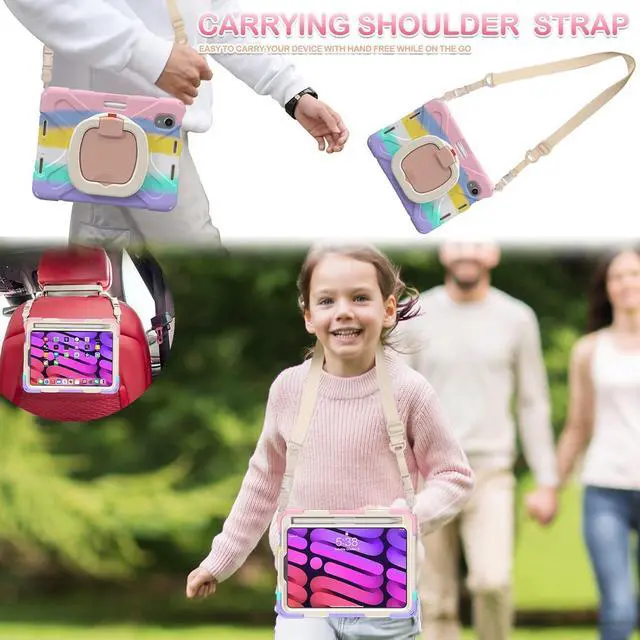 Alt view image 7 of 7 - BATYUE Case for iPad mini 7 (A17 Pro) 2024/ iPad mini 6 (A15 Bionic) 2021 8.3 inch, Shockproof Case for iPad mini 7th/6th Gen with Pencil Holder/ 360° Swivel Stand/Shoulder Strap - Colourful Pink