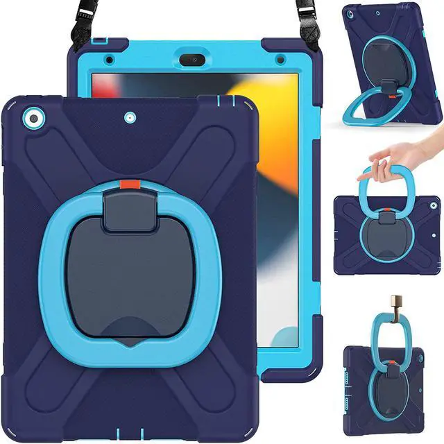 Main image of iPad Case 9th/8th/7th Generation,Rugged Kids Friendly Silicon Case with Folding Stand/Handle Grip Pencil Holder Shoulder Strap Screen Protector Pencil Cap Holder for iPad 10.2 9/8/7 -Navy Blue