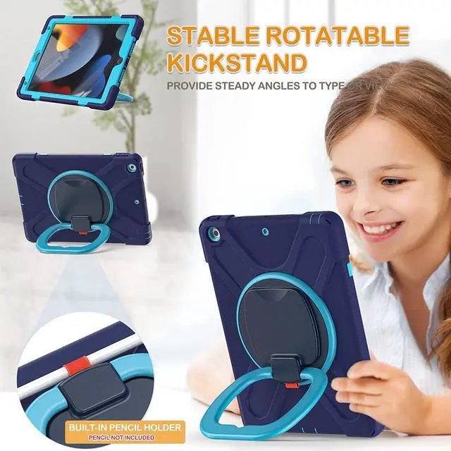 Alt view image 4 of 7 - iPad Case 9th/8th/7th Generation,Rugged Kids Friendly Silicon Case with Folding Stand/Handle Grip Pencil Holder Shoulder Strap Screen Protector Pencil Cap Holder for iPad 10.2 9/8/7 -Navy Blue