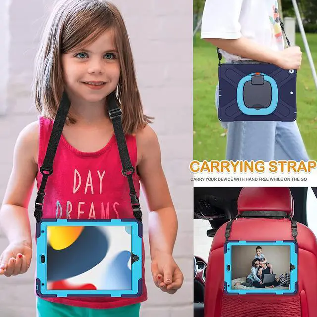 Alt view image 6 of 7 - iPad Case 9th/8th/7th Generation,Rugged Kids Friendly Silicon Case with Folding Stand/Handle Grip Pencil Holder Shoulder Strap Screen Protector Pencil Cap Holder for iPad 10.2 9/8/7 -Navy Blue