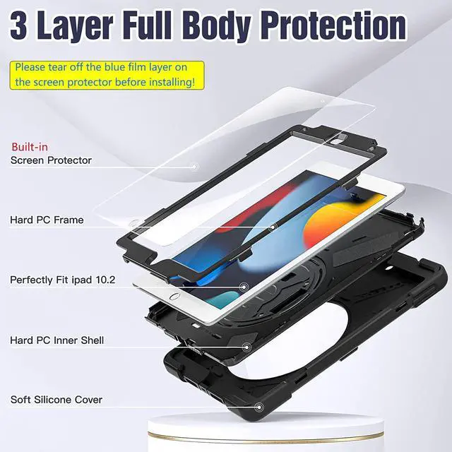 Alt view image 3 of 6 - TSQ Case for iPad Case 9th/8th/7th Generation with Screen Protector for Kids | Military Grade Shockproof Protective with Stand Hand Shoulder Strap Cover for iPad 9th 8th 7th Gen 10.2 Inch| Black