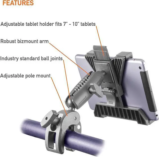 Alt view image 2 of 7 - iBOLT TabDock Bizmount Clamp Heavy Duty Post/Pole Mount for Stationary Bikes, Gym Equipment, Treadmills, Ellipticals, Carts, Wheelchairs, Hospital Patient Care Etc. for All 7-10 inch Tablets