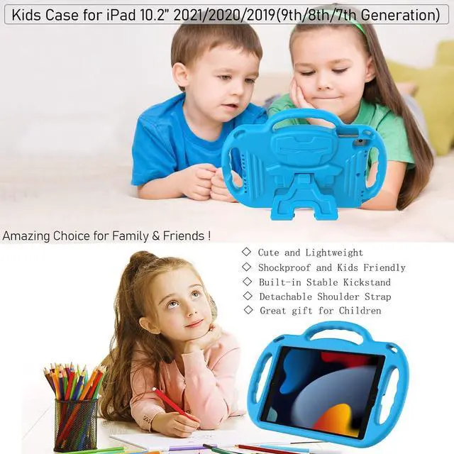 Alt view image 6 of 7 - LTROP Kids Case for iPad 9th/8th/7th Generation (10.2 inch, 2021/2020/2019), iPad 10.2" Protective Case with Shoulder Strap Handle Stand for iPad 7th/8th/9th Gen, Blue