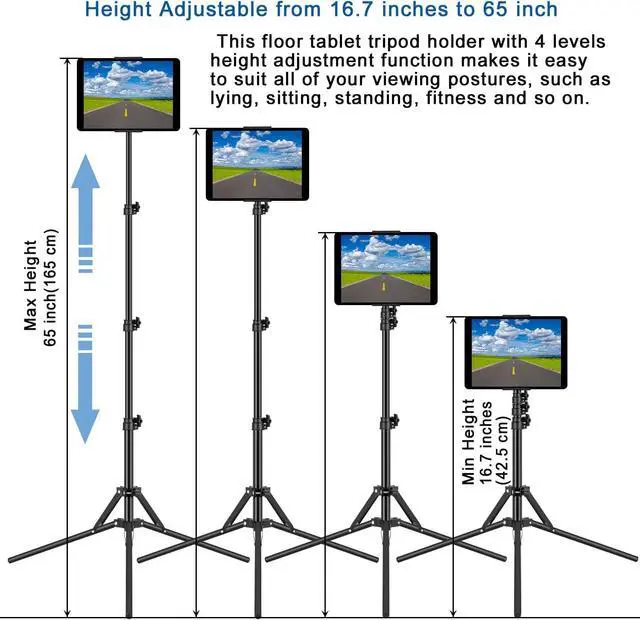 Alt view image 5 of 7 - Ipad Tripod Stand with 65 inch Height Adjustable iPad Stand Holder & iPad Floor Stand with 360° Rotating iPad Tripod Mount for iPad Pro iPhone Kindle and All 4.7-12.9 Inch Tablets