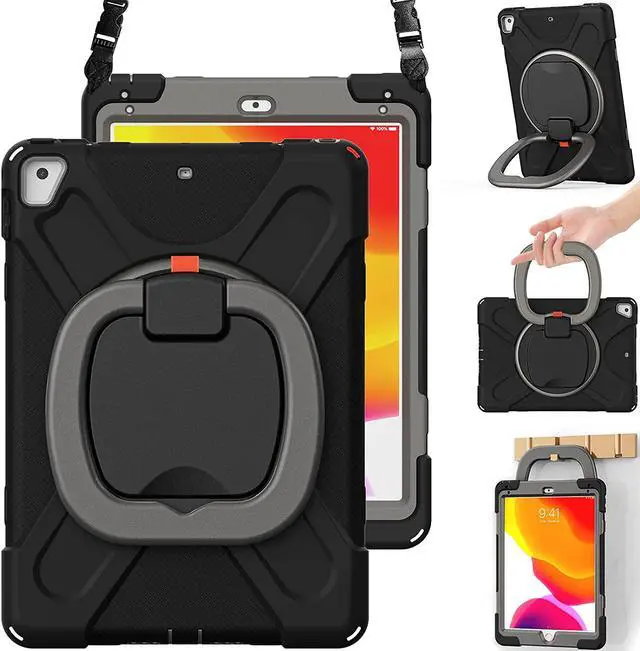 Main image of Case for iPad 9.7 Inch 6th/5th Generation 2018/2017, iPad Air 2, 3-Layer Protective Silicone Cover with Pencil Holder/Hand Grip/Kickstand/Shoulder Strap for iPad 5th/6th Generation-Black+Grey