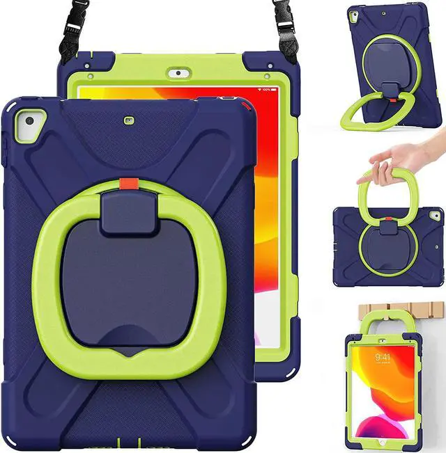 Main image of Case for iPad 6th/5th Generation 2018/2017, iPad Air 2, iPad Pro 9.7,Hybrid Shockproof Rugged Drop Protection Cover with Kickstand, Pencil Holder, Carrying Strap, Hand Grip for Kids-Navy+Green