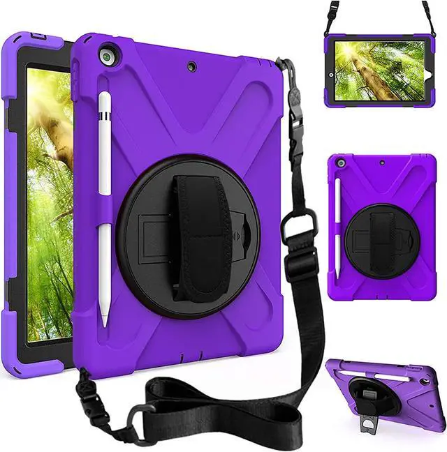 Alt view image 2 of 7 - Bundle-iPad 8th/7th Generation 10.2 Case with Tempered Glass Screen Protector Pencil Holder Kickstand Hand Strap and Shoulder Strap, Purple