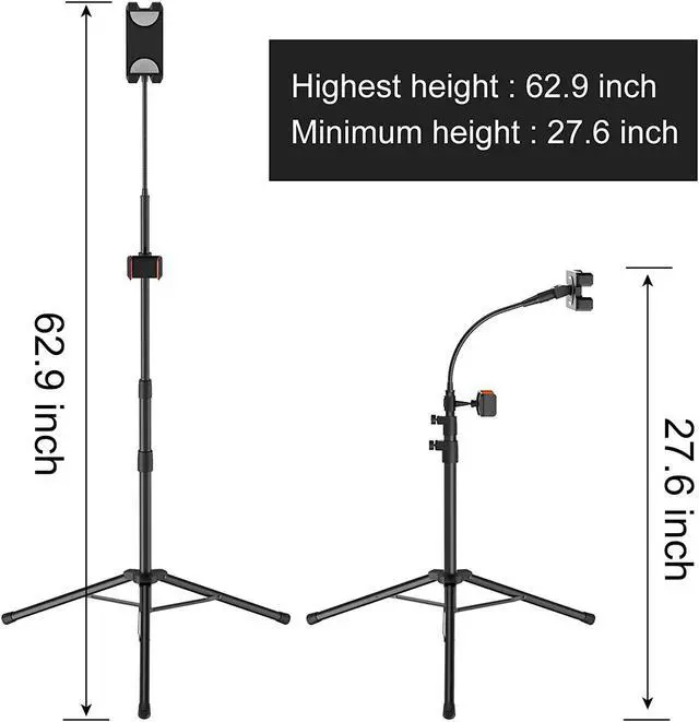 Alt view image 2 of 7 - Tripod Stand for Ipad Gooseneck 63-inch Floor Stand for Tablet Floor Stand for iPad Tripod with 360° Rotating Mount for Mini Air Pro and All 4.7-11.9 Inch Tablet and Phone
