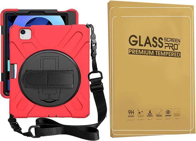 Main image of iPad Air 4th Generation 10.9 Case 2020, iPad Pro 11 inch Case 2021/2020/2018 with Glass Screen Protector Screen Pencil Holder Stand Hand Strap Shoulder Belt, Red