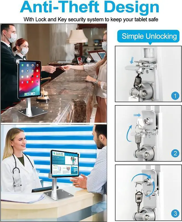 Alt view image 3 of 7 - Anti-Theft Desktop Tablet Kiosk Stand Holder Heavy Duty Countertop Tablet POS Display Mount with Security Lock and Key Compatible with iPad Pro/Air/Mini Galaxy Tabs More 7-11 Tablets