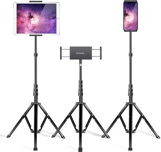Main image of Aluminum iPad Stand Floor Tripod Holder - 65 Adjustable iPad Pro 12.9 Stand iPad Holder Stand for iPad Pro 12.9 11 inch iPad Air Mini 2 3 4 and 4.7-13 Tablets and Phones Black