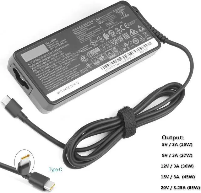 Alt view image 3 of 4 - AC Adapter Fit for Lenovo Chromebook C330 S330 C340 S340 Yoga C930 S730 720 730 910 920 13" IdeaPad 730s, ThinkPad X1 Carbon Charger GX20P92530 4X20M26268 65W USB Type C Laptop Power Supply Charger