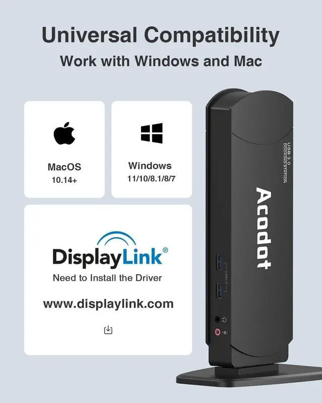 Alt view image 6 of 6 - USB 3.0 Universal Docking Station, Acodot 13 in 1 Laptop Docking Station Dual Monitor for Windows and Mac, USB C Docking Station with HDMI, VGA, DVI, 6X USB 3.0, Gigabit Ethernet, Audio