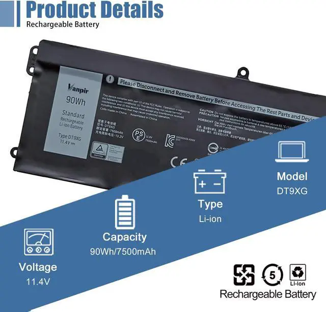 Alt view image 2 of 7 - Vanpir DT9XG Laptop Battery Compatible with Dell Alienware Area-51m R1 R2,D1968W D1968B D1969PW D1733B D1746W D1735DB D1733PB D1766W D1748DW D1746B D1766B D1741DB Series DT9XG 07PWKV 0KJYFY 11.4V
