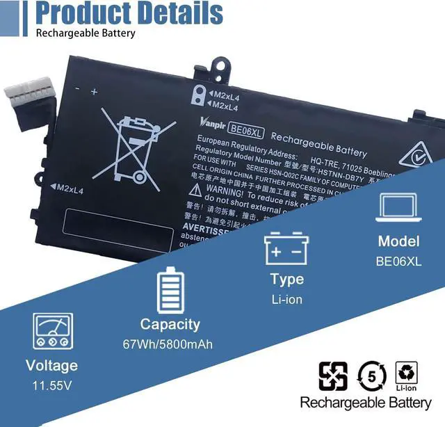 Alt view image 2 of 7 - Vanpir BE06XL 918108-855 918045-1C1 Battery Replacement for HP Elitebook 1040 G4 Folio Notebook Battery HSTNN-IB7V 918045-171 918045-2C1 HSN-Q02C BEO6XL HSTNN-DB7Y Battery 11.55V 67Wh 5800mAh