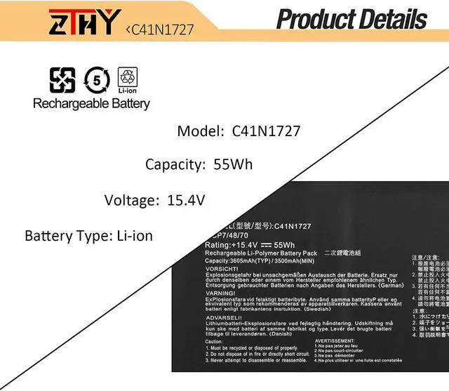 Alt view image 3 of 7 - ZTHY New C41N1727 Laptop Battery Replacement for Asus Zephyrus GM501 GM501G GM501GM GM501GS ROG GU501 GU501GM GM501G-SEI006T GM501GS-EI015T Series Notebook 0B200-02900000 15.4V 55Wh