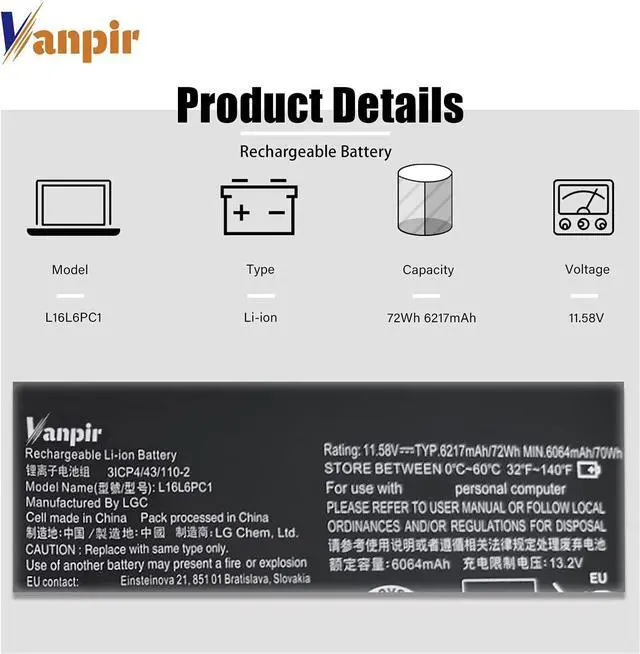 Alt view image 2 of 7 - L16L6PC1 Laptop Battery, 11.58V 72Wh 6217mAh Compatible with Lenovo Yoga 720-15IKB Series Notebook L16M6PC1 L16C6PC1 5B10M53745 5B10M53743 5B10M53744
