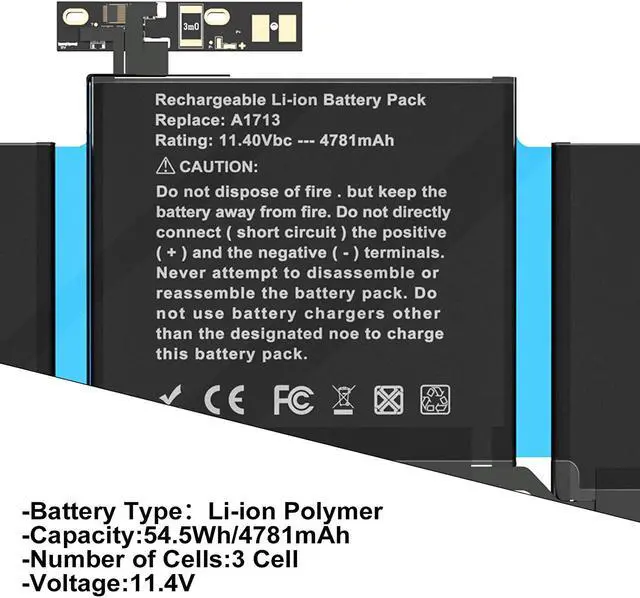 Alt view image 4 of 7 - A1708 A1713 Battery,TECHOWL Replacement Battery for A1708 MacBook Pro 13-inch (Late 2016,Mid 2017 Version) EMC 2978 3164 - [Li-Polymer 11.4V 54.5Wh 4781mAh]