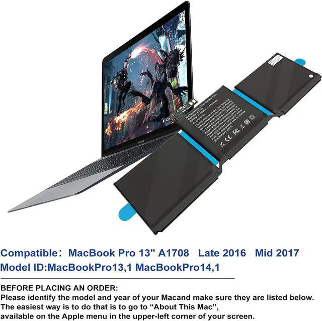Alt view image 6 of 7 - A1708 A1713 Battery,TECHOWL Replacement Battery for A1708 MacBook Pro 13-inch (Late 2016,Mid 2017 Version) EMC 2978 3164 - [Li-Polymer 11.4V 54.5Wh 4781mAh]