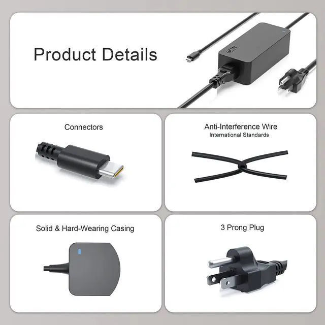 Alt view image 4 of 7 - 65W USB C Charger Fit for Dell Latitude 5420 5520 5320 7210 5310 5410 5510 9410 9510 2-in-1 Type C Watt Laptop AC Adapter Power Supply Cord
