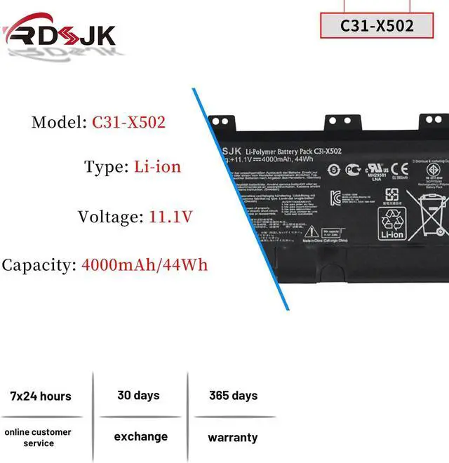 Alt view image 2 of 7 - C31-X502 C21-X502 Laptop Battery for Asus X502 X502C X502CA S500 S500C S500CA S500CA-D51T S500CA-CJ005H P500CA PU500C PU500CA V500C PU500X3217CA PU500X3317CA Series C31-X5O2 0B200-00320300M 38Wh/44Wh