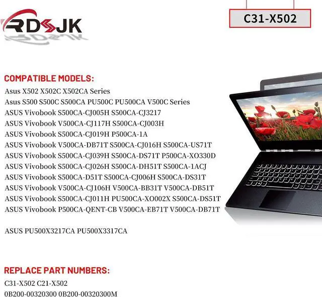 Alt view image 3 of 7 - C31-X502 C21-X502 Laptop Battery for Asus X502 X502C X502CA S500 S500C S500CA S500CA-D51T S500CA-CJ005H P500CA PU500C PU500CA V500C PU500X3217CA PU500X3317CA Series C31-X5O2 0B200-00320300M 38Wh/44Wh