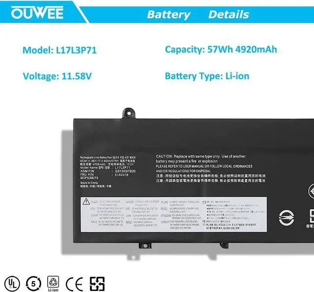 Alt view image 2 of 7 - OUWEE L17L3P71 Laptop Battery Compatible with Lenovo ThinkPad T480S Series Notebook L17M3P71 01AV478 SB10K97620 01AV479 SB10K97621 L17M3P72 01AV480 SB10K97622 11.58V 57Wh 4920mAh, Welcome to consult