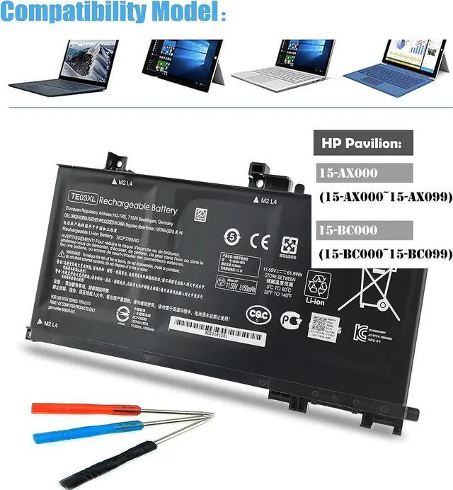 Alt view image 2 of 6 - TE03XL Battery TE03061XL for HP Omen 15-ax000:15-ax033dx 15-ax210nr 15-ax001ns;HP Pavilion 15-bc000:15-bc008tx and More 849910-850 849570-541 542 543 HSTNN-UB7A TPN-Q173-11.55V 61.6Wh 3-Cell