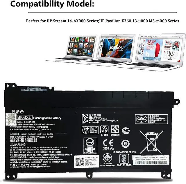 Alt view image 2 of 5 - BI03XL Battery BI03XL ON03XL for HP Pavilion X360 13-U000 M3-U000:M3-U001DX U003DX U103DX U105DX 13-U100TU U118TU;HP Stream 14-AX000:14-ax010wm ax020wm ax030wm ax040wm 843537-541 844203-850 HSTNN-UB6W