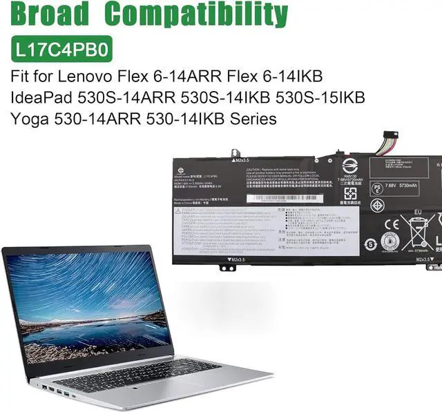 Alt view image 5 of 6 - JIAZIJIA L17C4PB0 L17M4PB0 Battery Replacement for Lenovo Flex 6-14ARR 14IKB IdeaPad 530S-14ARR 14IKB 15IKB Series 5B10Q16067 5B10Q16066 L17M4PB2 5B10Q22883 L17C4PB2