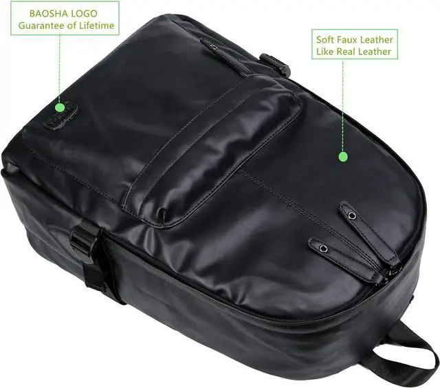 Alt view image 5 of 7 - Baosha BP-08 Unisex PU Leather Computer Laptop Bag 15.6 inch Backpack Shoulder Bags Travel Hiking Rucksack Casual Daypack Black