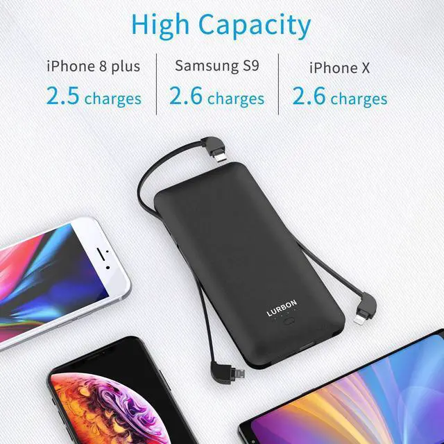Alt view image 3 of 6 - 10000 mAh Portable Charger Power Bank,Slim External Battery Pack with Built in AC Wall Plug, USB C Cable Total 3 Different Cables Compatible with Cell Phone Tablet
