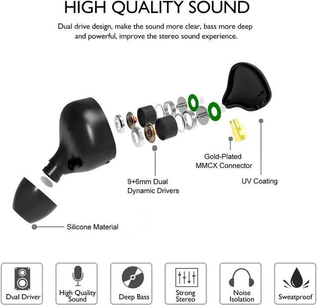 Alt view image 5 of 7 - in Ear Monitor Headphones, HiFi Stereo IEM Earphones, Dynamic Dual Driver Wired Earbuds with Detachable Cable, Noise Canceling Headset for Singers Musicians Drummers Audiophile (Black)