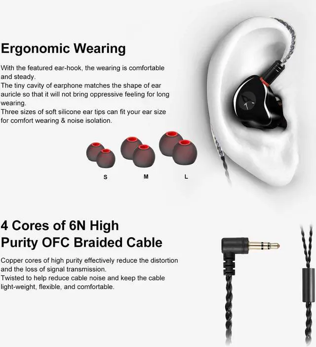 Alt view image 3 of 7 - in Ear Monitor Headphones, HiFi Stereo IEM Earphones, Dynamic Dual Driver Wired Earbuds with Detachable Cable, Noise Canceling Headset for Singers Musicians Drummers Audiophile (Black)