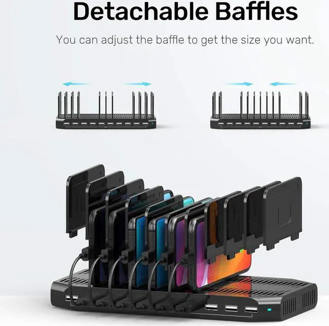 Alt view image 6 of 7 - Unitek USB Charging Station, 10 USB Fast Ports Charge Docking Station and Adjustable Dividers, Multi Device Charger Organizer Compatible with iPad, iPhone, Tablet and Cell Phone