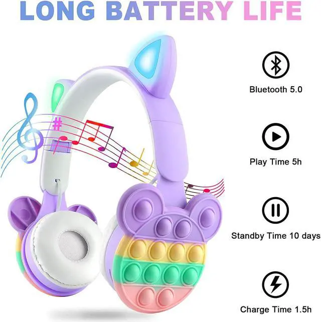 Alt view image 2 of 7 - Bluetooth Headphones Wireless with Microphone Fidget Bubbles Cute Cat Ear with LED Light Up Over Ear Headphones for Girls Boys Women Pop Gaming Headset On Ear for Smartphone Tablet PC, Purple