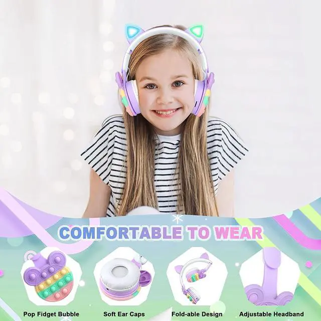 Alt view image 3 of 7 - Bluetooth Headphones Wireless with Microphone Fidget Bubbles Cute Cat Ear with LED Light Up Over Ear Headphones for Girls Boys Women Pop Gaming Headset On Ear for Smartphone Tablet PC, Purple