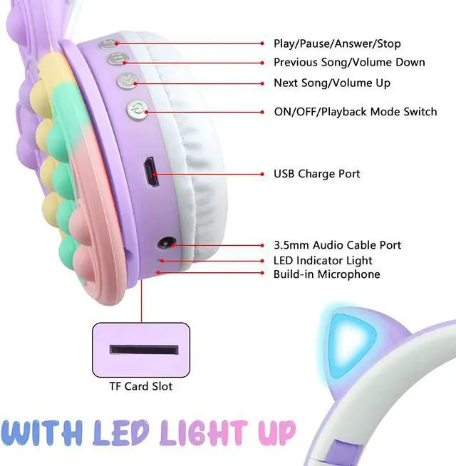 Alt view image 6 of 7 - Bluetooth Headphones Wireless with Microphone Fidget Bubbles Cute Cat Ear with LED Light Up Over Ear Headphones for Girls Boys Women Pop Gaming Headset On Ear for Smartphone Tablet PC, Purple