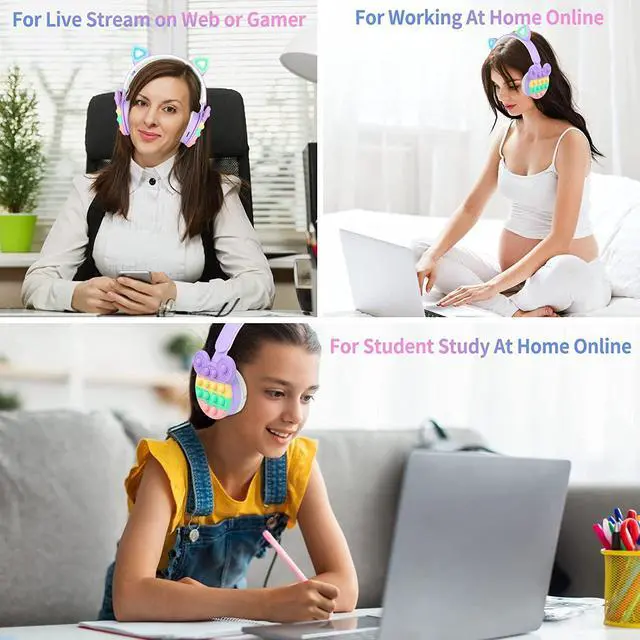 Alt view image 7 of 7 - Bluetooth Headphones Wireless with Microphone Fidget Bubbles Cute Cat Ear with LED Light Up Over Ear Headphones for Girls Boys Women Pop Gaming Headset On Ear for Smartphone Tablet PC, Purple