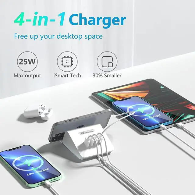 Alt view image 2 of 7 - VHBW USB Charging Station 25W, 4 Port USB Charging Station for Multiple Devices, Multi USB Charger Station with Phone Stand (UL Listed, 6Ft Extension Cord, White)