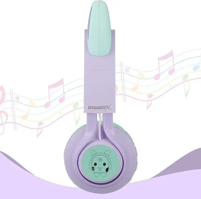 Alt view image 7 of 7 - Riwbox Kids Wireless Headphones, CT-7S Cat Ear Bluetooth, 85dB Volume Limiting, LED Light Up Over Ear with Microphone for Laptop/PC/TV (Purple&Green)