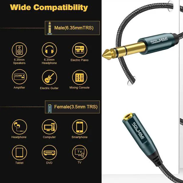 Alt view image 4 of 6 - 1/4 to 3.5mm Headphone Adapter 1/4 to 1/8 6.35mm Male to 3.5mm Female TRS Stereo Audio Adapter Cable for Headphone Mixer Guitar Piano Keyboard Amplifier Speaker and More - 1 Feet
