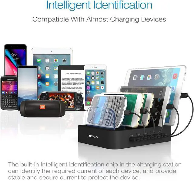 Alt view image 2 of 6 - MSTJRY Charging Station for Multiple Devices : 5 Port Multi USB-A Charger Stations Multi-Device Organizer Charging Dock Designed for iPhone iPad Cell Phone Tablets (7 Short Cables Included), Black