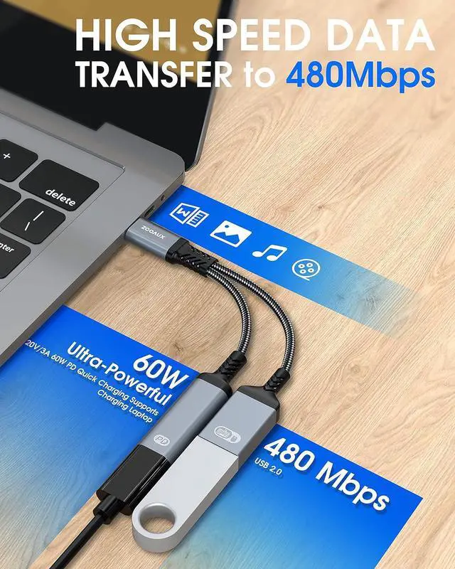 Alt view image 3 of 7 - USB C to USB OTG Adapter and Charger Cable 2 in 1 USB-C Splitter with 60W PD Charging Type C OTG and USB A Female Port for Chromecast Google TV iPad Pro Samsung iPhone 16 15 Pixel LG